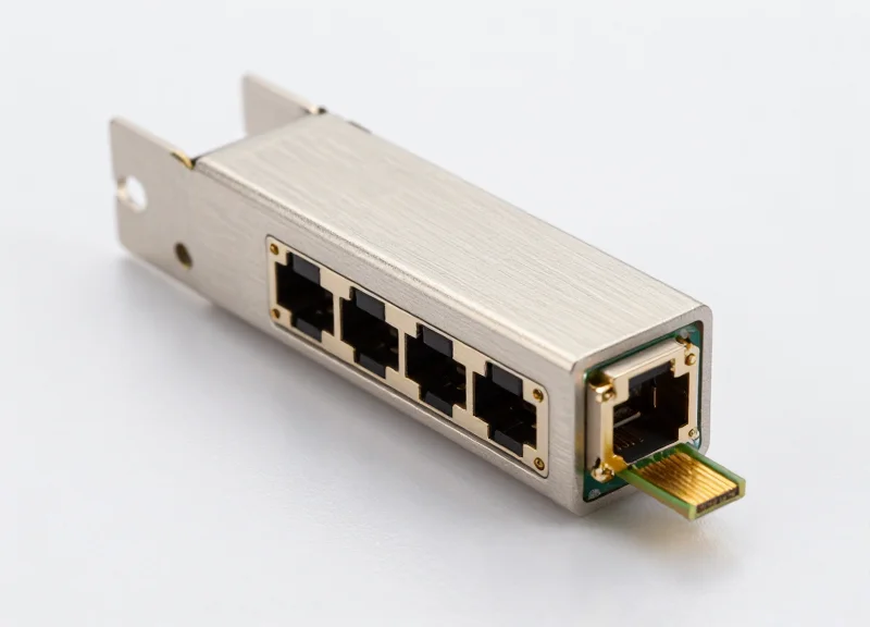 A professional studio photograph of a high-performance optical transceiver module used in network switches, showcasing its metallic exterior and precision engineering.
