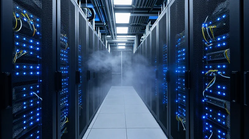 Overcoming the Challenges of High-Density Data Centers Futuristic high-density data center with rows of server racks and fiber optic cabling.