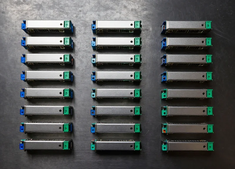 A professional flat lay of various network optical transceiver modules neatly arranged on a clean metallic surface, showcasing bulk network hardware.