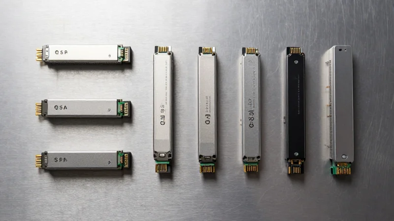 Common MSA Form Factors: From SFP to QSFP-DD Flat lay photography of various optical transceiver modules of different sizes neatly arranged on a metallic table.