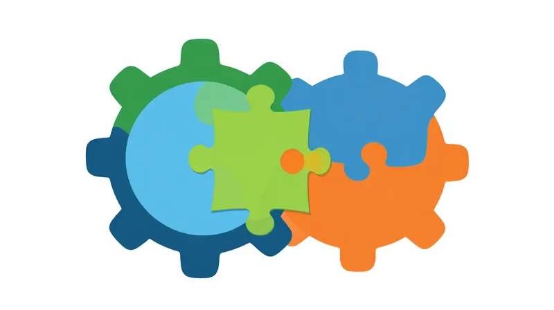 The Strategic Benefits of MSA Compliance Flat vector illustration of puzzle pieces from different brands fitting together to create a stable gear system.