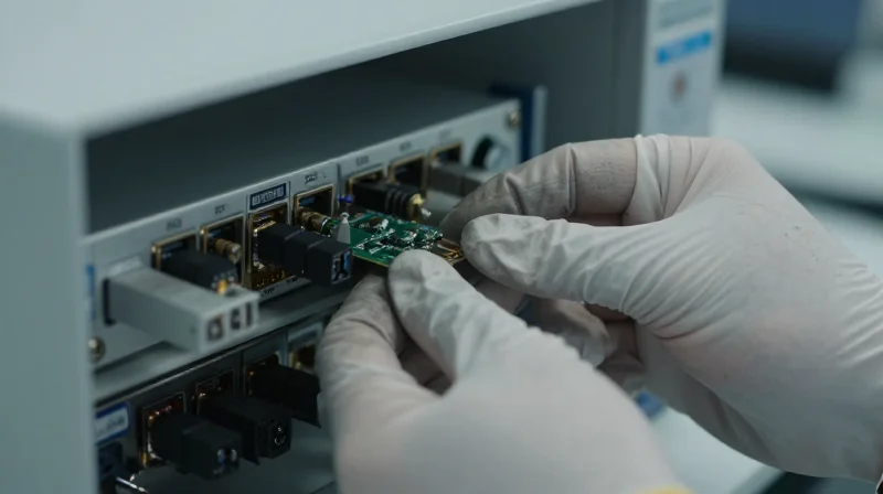 Testing and Validation for MSA Compliance A close-up shot of an optical module being inserted into a high-precision testing machine in a technical lab.
