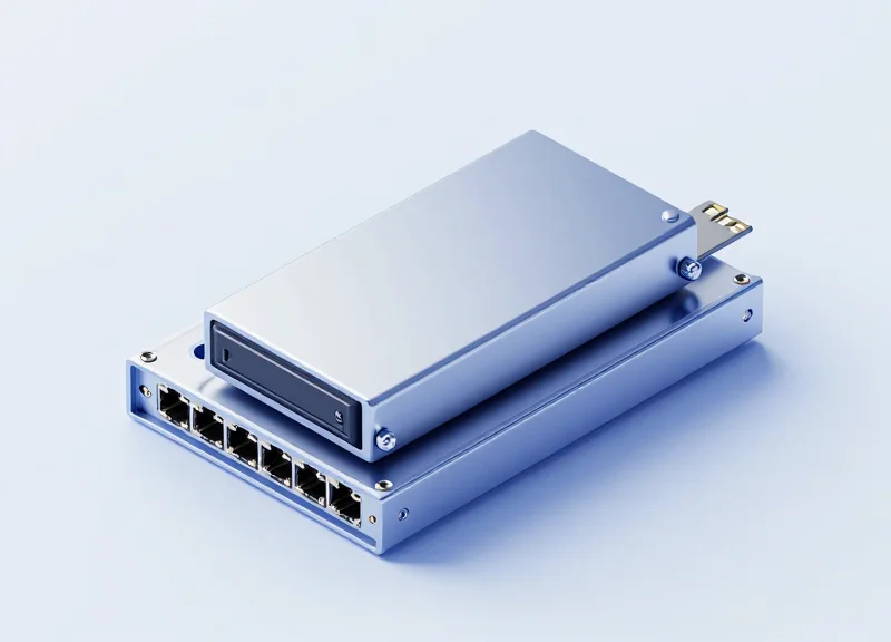 An isometric 3D illustration of a modular fiber optic transceiver being precisely inserted into a networking equipment port, representing technical standard compliance and interoperability.