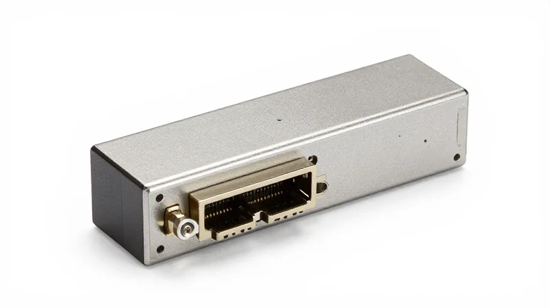 A professional product shot of a metallic optical transceiver module on a pure white background.