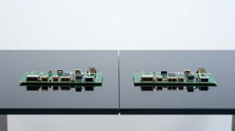 Two different networking hardware units placed side-by-side on a sleek dark surface.