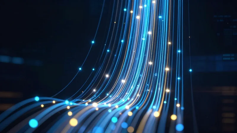 Abstract visualization of high-speed fiber optic data streams representing low latency.