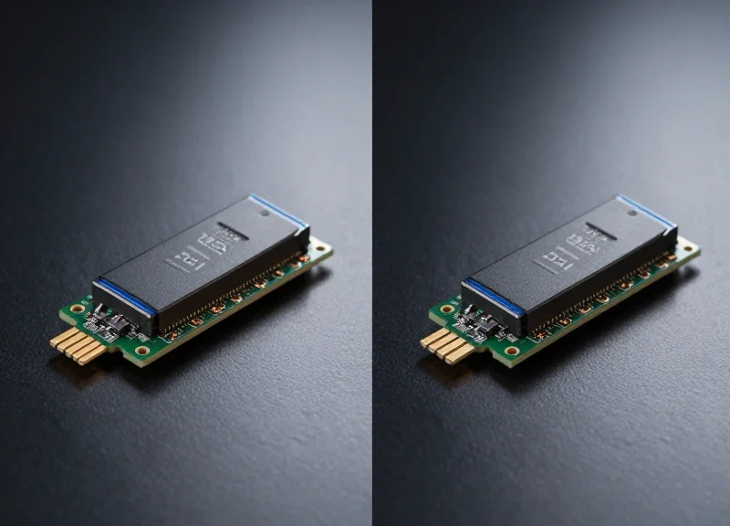 A side-by-side comparison of two high-tech optical transceiver modules on a dark reflective surface with professional studio lighting.