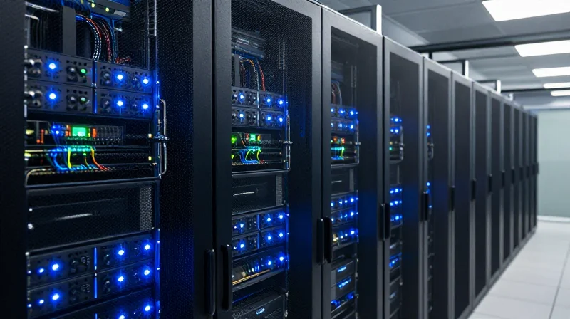 The Critical Role of MSA Compliance in Modern Data Centers A high-end data center corridor with glowing server racks demonstrating the scale of modern networking environments.