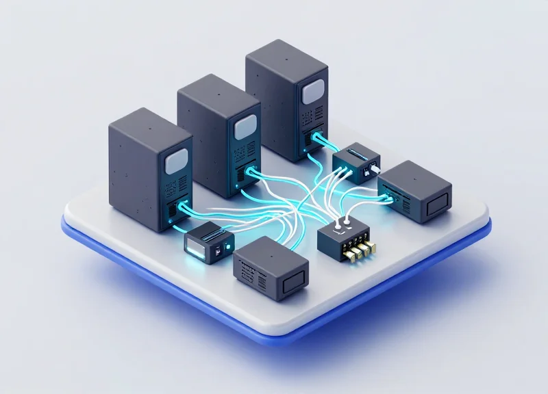 Isometric 3D illustration of a sophisticated network infrastructure featuring modular hardware components connected by glowing blue fiber optic lines on a clean white floating platform.