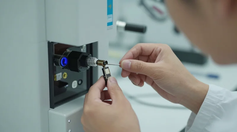 A technician performing a precision quality control check on an optical module in a sterile lab environment.