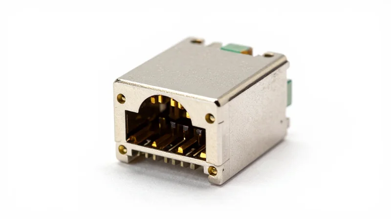 Macro product shot of a custom-designed optical transceiver module on a white background.
