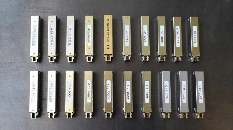 A collection of various optical transceiver modules like SFP and QSFP neatly arranged in a grid pattern.