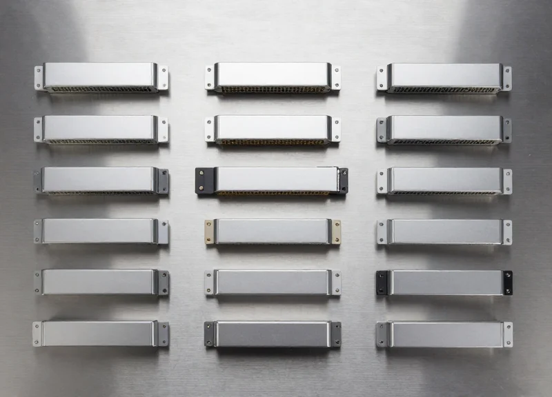 A neatly organized flat lay of multiple silver metal optical transceiver modules on a clean slate-grey surface, representing wholesale network hardware supply.