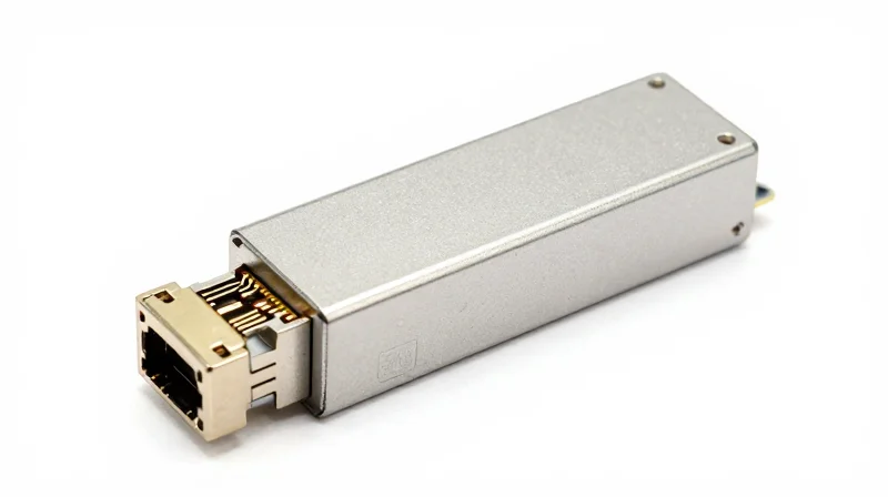 A detailed close-up of a metallic fiber optic transceiver module on a white background.
