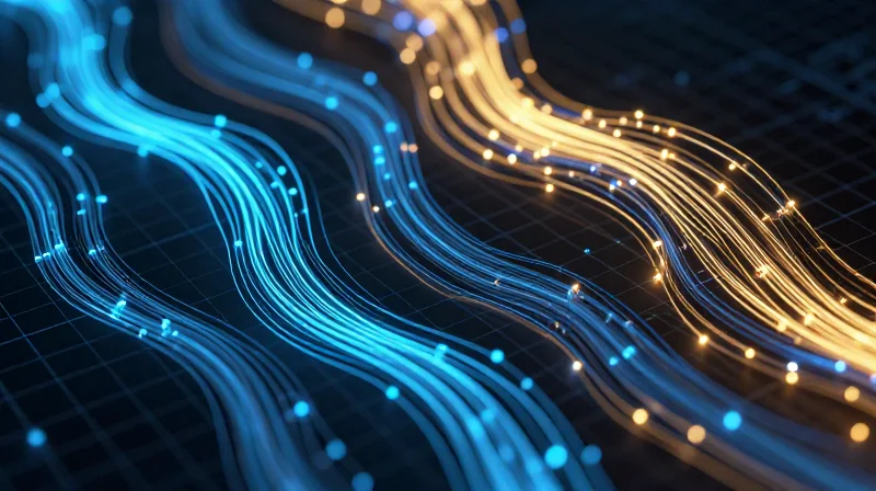 Abstract glowing light streams representing data metrics in a digital environment.