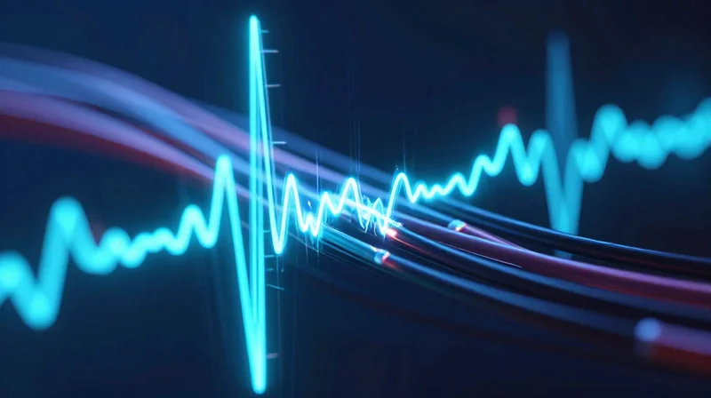 Abstract visual of high-speed light pulses and signal trails in fiber optics.