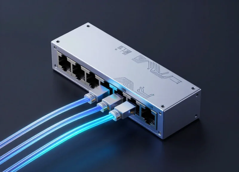 An isometric 3D illustration of a fiber optic transceiver module with glowing data lines and light pulses representing real-time technical monitoring.