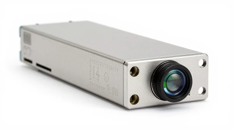 Macro shot of a high-performance SFP optical transceiver module with clear glass components and metallic finish.