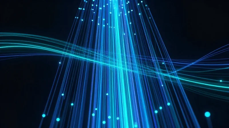 Abstract visualization of low-latency data streams with glowing nodes and fast-moving light trails.
