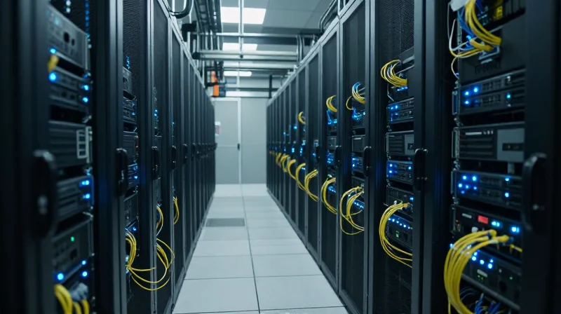 Row of server racks in a modern data center with blue ambient lighting and neatly organized fiber optic cables.