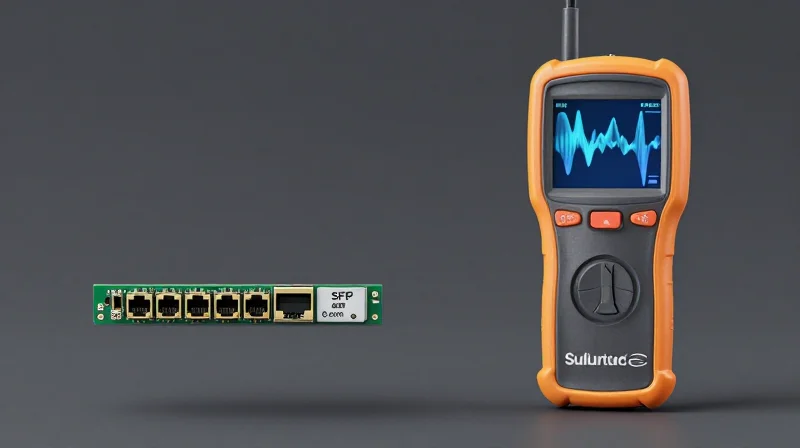 Side-by-side layout showing a modern compact SFP transceiver and a traditional handheld external network testing device.