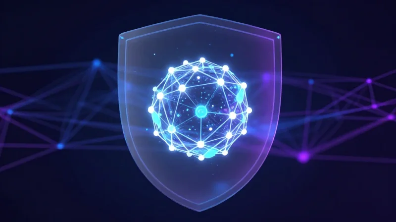 Metaphorical illustration of a glowing network node protected by a digital shield, representing predictive maintenance.
