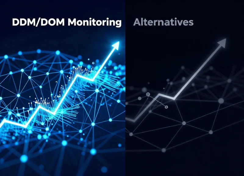 Abstract split-screen data visualization comparing detailed glowing data streams of DDM/DOM monitoring against simpler, sparse data paths of alternatives.