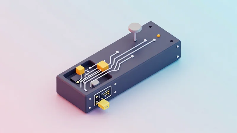 Isometric 3D illustration of a fiber optic transceiver module with glowing internal circuits and light paths.