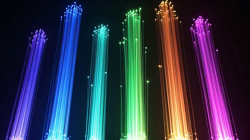 Abstract digital data visualization with five distinct glowing streams representing network telemetry parameters.