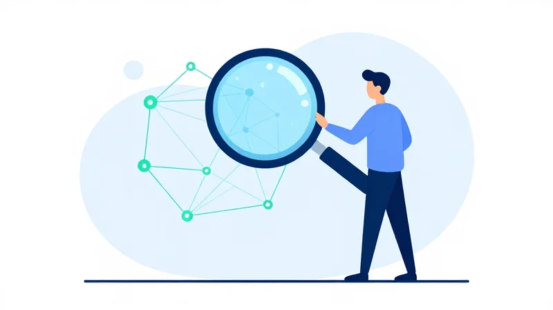 Flat vector illustration of a technician inspecting a glowing network node with a magnifying glass, symbolizing foresight.