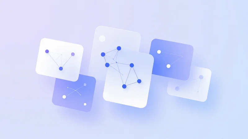 Abstract UI design of a network diagnostic dashboard with glassmorphism effects and connection nodes.