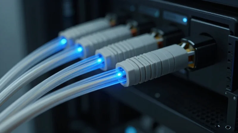 Photorealistic close-up of blue light pulses traveling through fiber optic cables in a professional data center server rack.