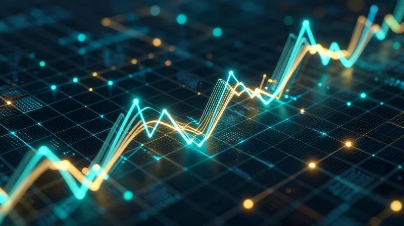 Abstract visualization of glowing upward light trails over a digital data center grid representing economic growth.