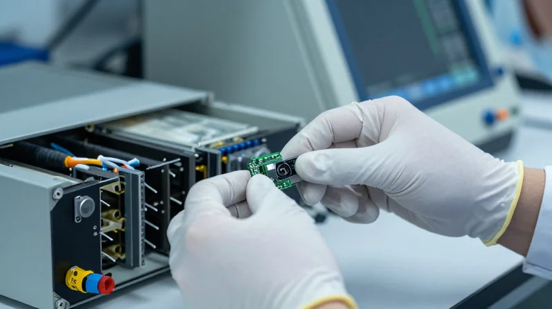 Close-up of a professional quality inspection of optical modules in a laboratory.
