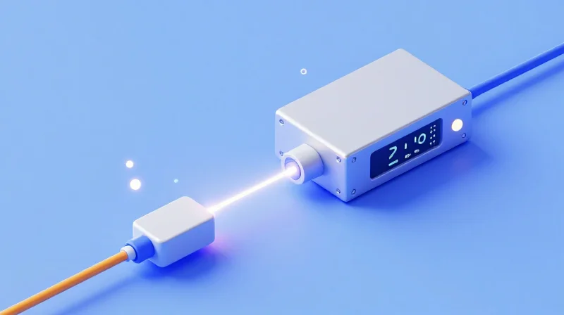 Defining the Optical Power Budget Isometric 3D illustration of a fiber optic communication link with a transmitter and receiver connected by a glowing line.