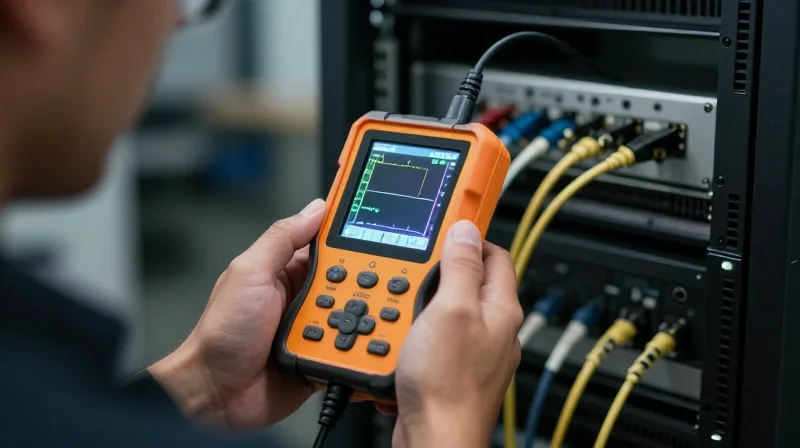 Practical Testing and Verification Tools Technician using a handheld fiber optic tester in a professional data center setting.