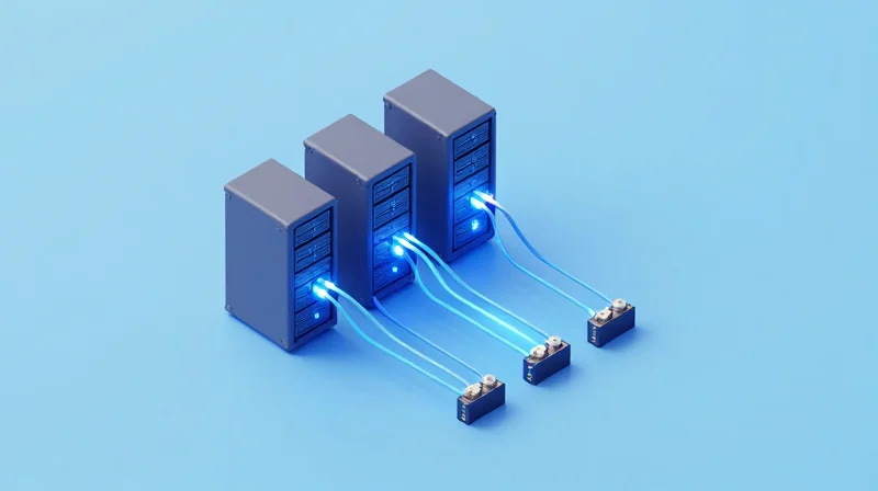 Isometric 3D illustration of a fiber optic network link showing signal transmission between components.
