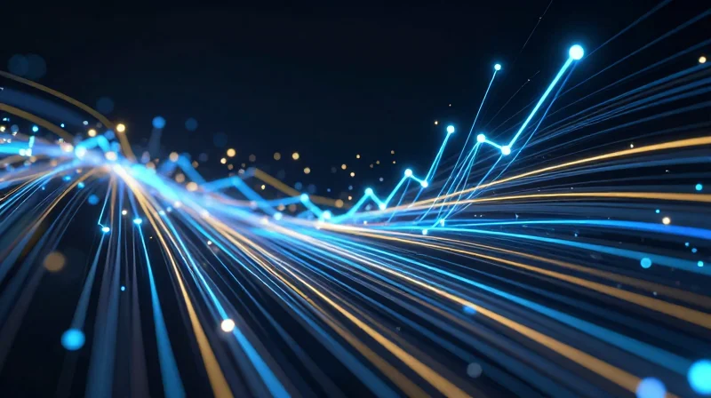 Abstract data visualization showing high-speed light trails representing network latency and data speed.