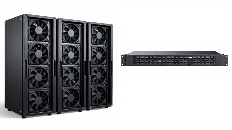 Side-by-side comparison of active network equipment with cooling components and passive fiber infrastructure.