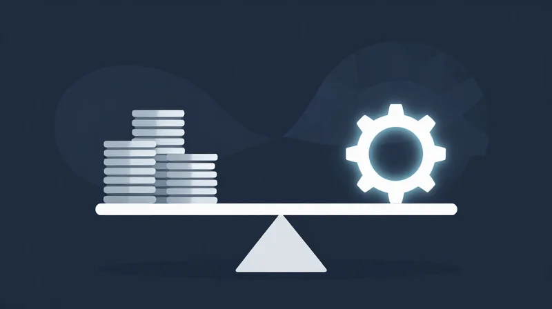 Business illustration of a scale balancing costs and optimized performance icons.