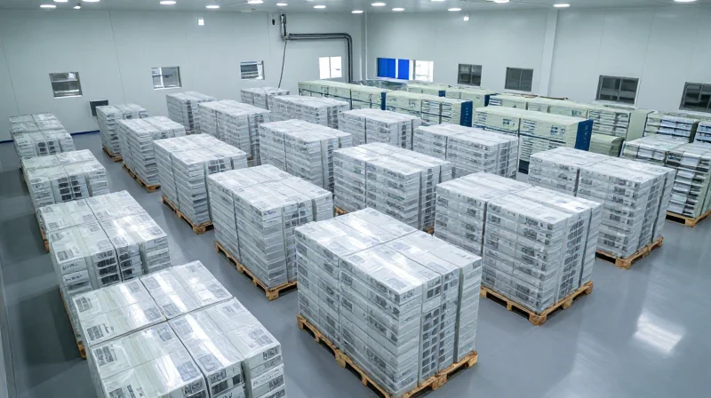 A large-scale modern warehouse storing bulk fiber optic equipment components.