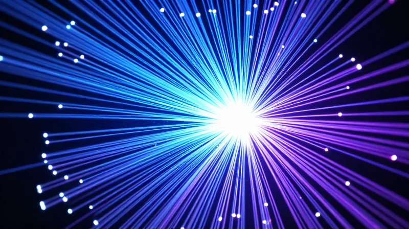 Abstract visualization of high-speed 800G data flow through fiber optics.