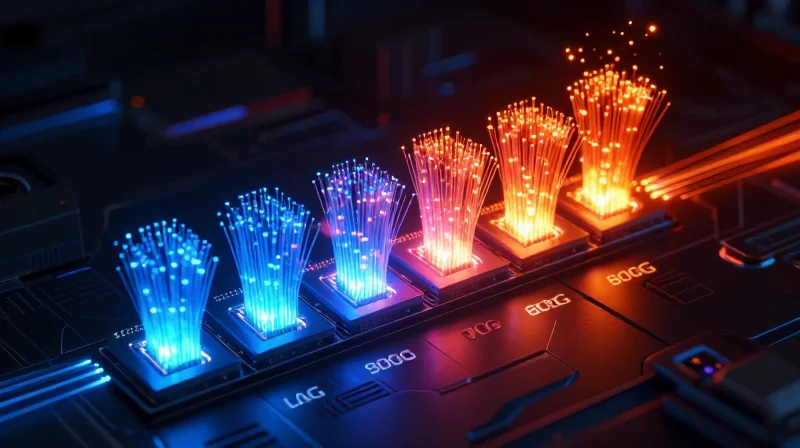 Abstract visualization of increasing thermal intensity in optical modules representing the evolution from 10G to 800G density.