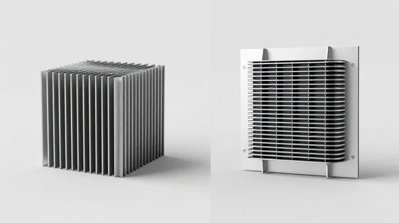 Side-by-side comparison of a passive metal heat sink and an active thermoelectric cooler component.