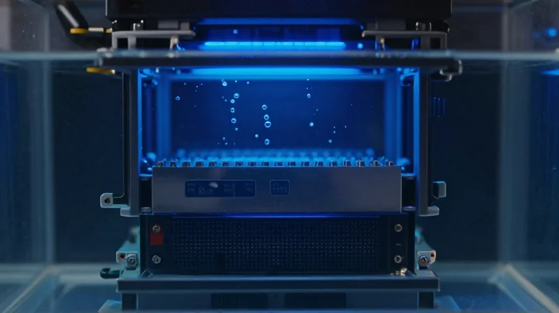 Photorealistic shot of server hardware submerged in a dielectric liquid for immersion cooling.