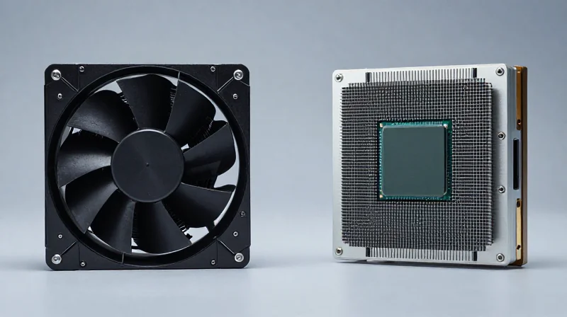 Module-Level Dissipation vs. Traditional Standards Split screen comparison between traditional data center fans and module-level cooling blocks