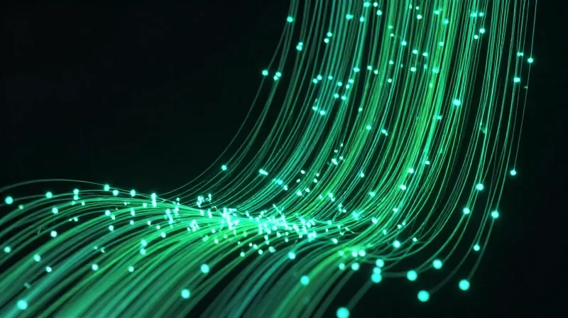 Power Consumption Analysis: Efficiency Metrics Glowing green fiber optic streams representing optimized energy efficiency in a data center