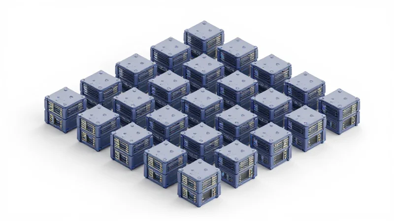 Scalability Challenges in Modern Data Centers Isometric 3D view of an expanding grid of interlocking cooling modules
