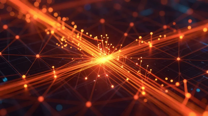 The Evolution of Thermal Challenges in High-Speed Networking Abstract 3D visualization of heat flow in high-speed network data streams representing 400G and 800G connectivity.