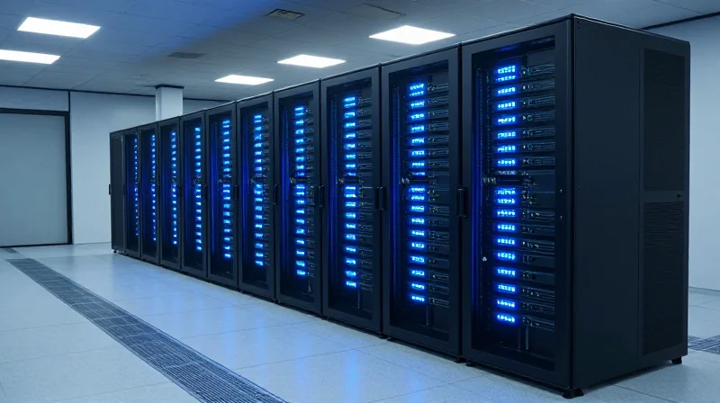 Protecting Mission-Critical Infrastructure Professional photograph of a modern data center server room with high-speed equipment under optimal cooling.